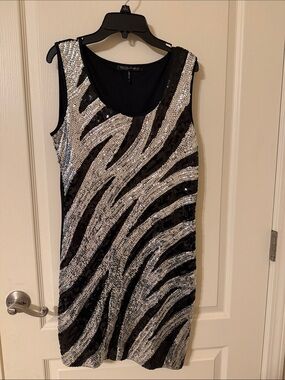 Sequin Zebra Sheath Dress in Black & Silver by Betsey Johnson